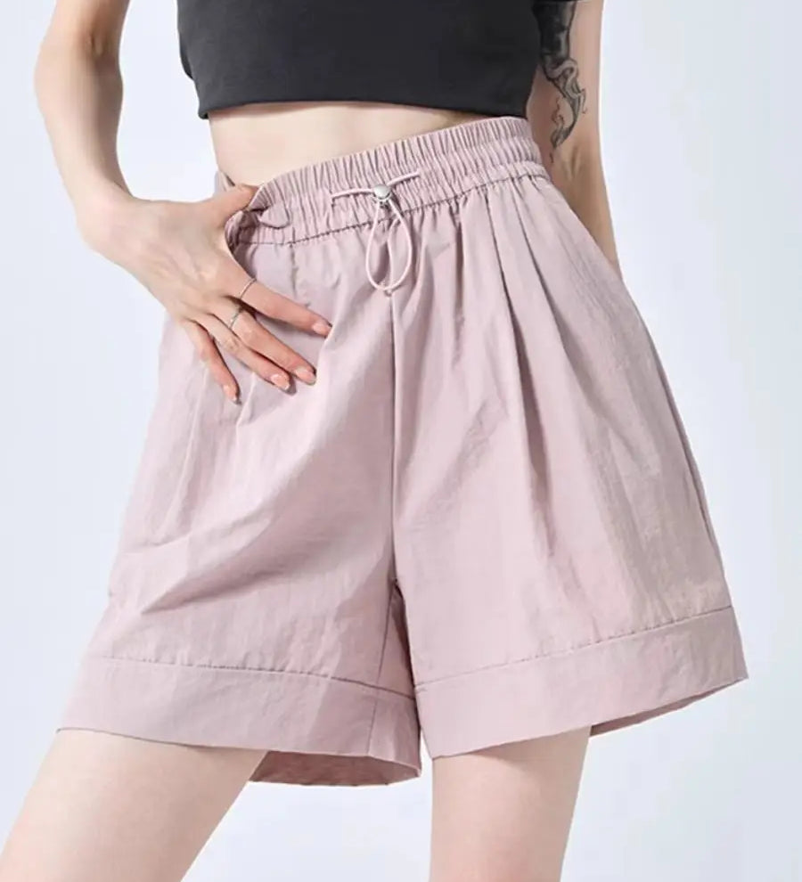Shorts Casuais Femininos de Perna Larga para o Verão, Finos, Modelo A-line, Calças de Moletom com Cordão, Macacão Curto Feminino da Moda