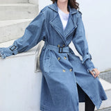 Trench denim casaco feminino casacos longos rendas até cinto de cintura alta turn down collar maxi jaquetas y2k único breasted elegante outono