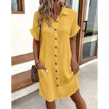 Vestidos Casuais Femininos, Vestido de Cor Sólida, Pullover de Comprimento Médio, Vestido Solto de Manga Curta, Roupas Femininas de Verão