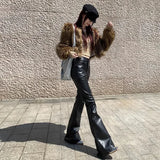 Calça alarde de couro PU preta feminina, calça de cintura alta, sexy, vintage, Harajuku, elástica, tamanho único, roupa elegante, venda G