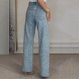 Calças de brim retas para mulheres calças de diamantes estiramento cintura alta lavado bolsos angustiados vintage denims streetwear calças femininas