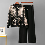 Design coreano de malha 2 peças conjuntos feminino o pescoço único breasted camisola cardigan topos conjuntos cintura alta calças retas outfit