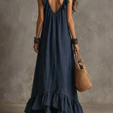 Vestido Casual Solto de Verão e Primavera, Cor Sólida, Elegante, Estilo Boêmio, Com Babados, Cintura Solta, Sem Mangas, Decote em V, Vestidos Longos
