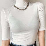 Camiseta básica feminina gola alta magro camiseta de manga curta camisetas femininas casual elasticidade branca camiseta femme mulher topo