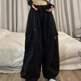 Calça japonesa de perna larga cargo, de cintura alta, solta, fina, reta, monocromática, feminina, de rua, básico, casual