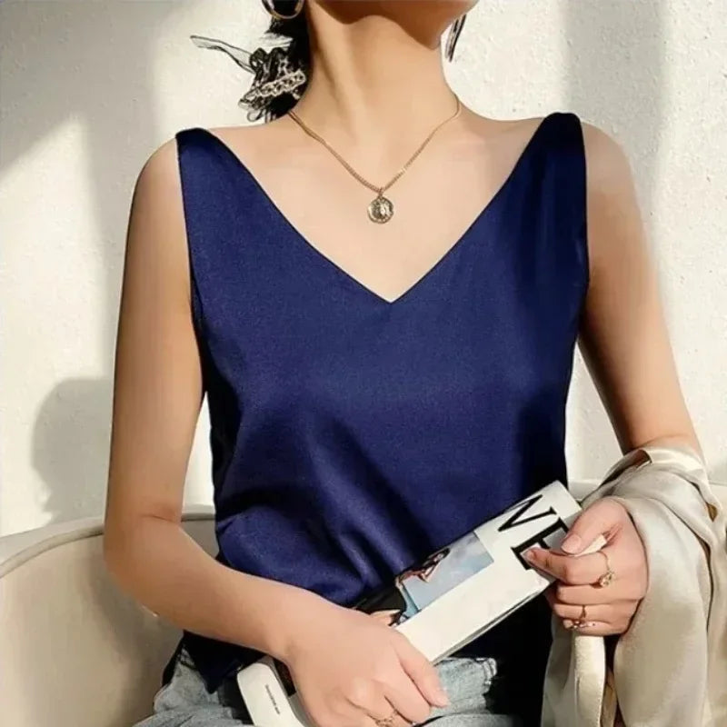 Regatas para mulheres sem mangas com decote em v cetim seda camisola moda verão sólido solto colete senhoras topos streetwear