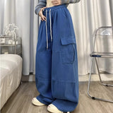 Calça japonesa de perna larga cargo, de cintura alta, solta, fina, reta, monocromática, feminina, de rua, básico, casual