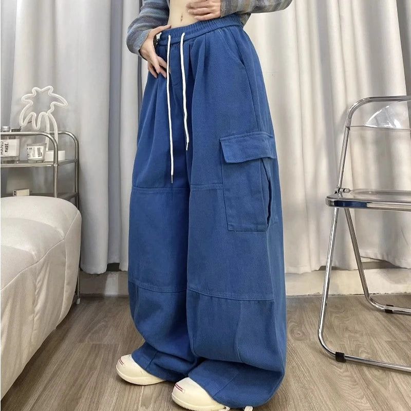 Calça japonesa de perna larga cargo, de cintura alta, solta, fina, reta, monocromática, feminina, de rua, básico, casual