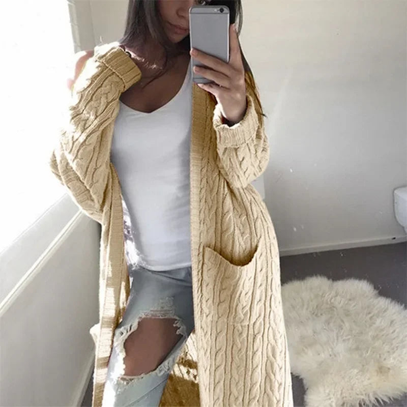 Cardigans Longos Femininos de Algodão para Outono 2026, Suéter Tricotado Grosso para Primavera e Inverno, com Bolso, Cores Amarelo, Rosa e Cinza, Moda Feminina
