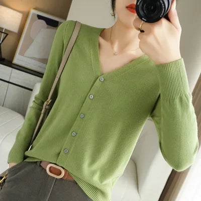 Cardigans femininos 2025 primavera outono malhas moda coreana cardigan estilo curto topos com decote em v malha outerwears suéteres sólidos