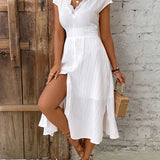 Vestido casual de renda branca para mulheres, moda manga curta, decote em v, cintura alta, vestidos soltos, elegante, festa de férias, verão