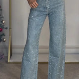 Calças de brim retas para mulheres calças de diamantes estiramento cintura alta lavado bolsos angustiados vintage denims streetwear calças femininas