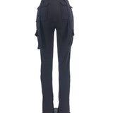 Calça de carga longa feminina, sexy slim fit, cordão casual, bolso com botões de emenda, calça reta, renda para cima, cintura elástica alta
