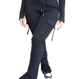 Calça de carga longa feminina, sexy slim fit, cordão casual, bolso com botões de emenda, calça reta, renda para cima, cintura elástica alta