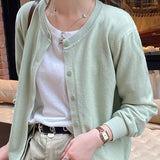 Cardigans e Suéteres Femininos 2026: Moda Coreana Casual, Quente, Primavera/Verão, Gola O, Manga Longa, Abotoamento Simples, Ajuste Slim, Tricôs e Blusas