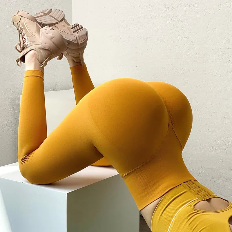 Cintura alta sólida leggings mulheres sem costura magro collants de fitness yoga leggings elásticos push up bunda malha moda ginásio calças de treino