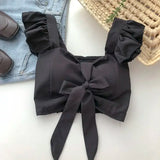 Top curto com babados para as mulheres, sexy, elegante, simples, streetwear, vintage, férias de verão, casual, jovem, estética, todos os jogos, ulzzang, novo