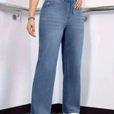 Calças Jeans Femininas de Corte Reto com Cintura Elástica e Cordão, Confortáveis e Casuais em Denim Stretch