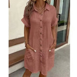 Vestidos Casuais Femininos, Vestido de Cor Sólida, Pullover de Comprimento Médio, Vestido Solto de Manga Curta, Roupas Femininas de Verão
