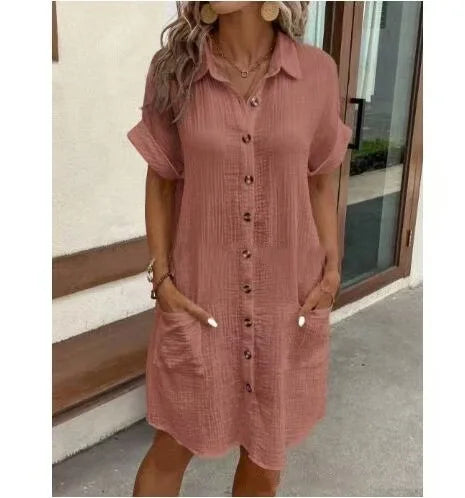 Vestidos Casuais Femininos, Vestido de Cor Sólida, Pullover de Comprimento Médio, Vestido Solto de Manga Curta, Roupas Femininas de Verão