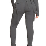 Calça de carga longa feminina, sexy slim fit, cordão casual, bolso com botões de emenda, calça reta, renda para cima, cintura elástica alta