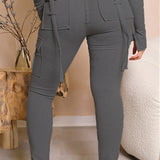 Calça de carga longa feminina, sexy slim fit, cordão casual, bolso com botões de emenda, calça reta, renda para cima, cintura elástica alta