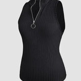 Regata feminina sexy com nervuras – ajuste fino elástico de alta elasticidade, gola alta e alças largas com zíper frontal, semitransparente bl