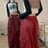 Calça japonesa de perna larga cargo, de cintura alta, solta, fina, reta, monocromática, feminina, de rua, básico, casual