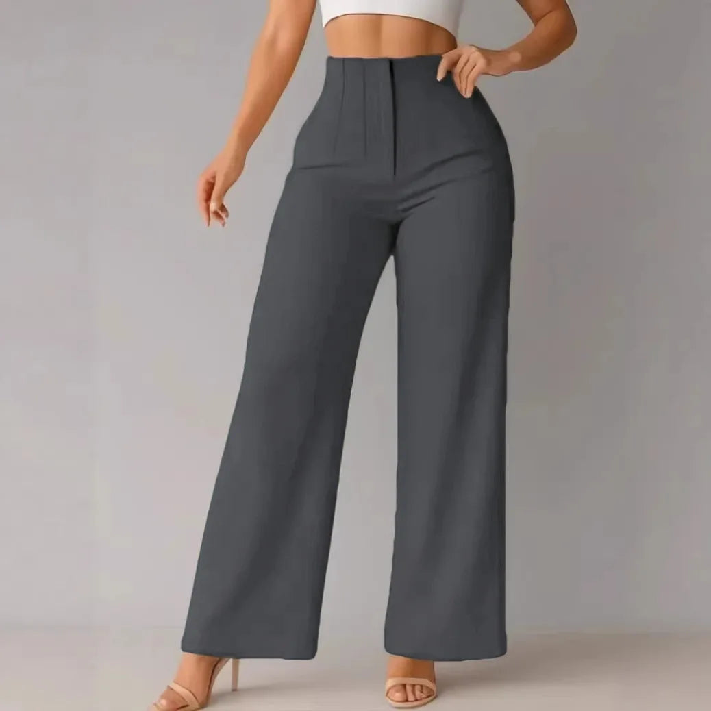 Calças Femininas de Cintura Alta com Pernas Largas, Elegantes e Sob Medida, Calças Retas para Trabalho no Escritório, Calças Casuais Confortáveis