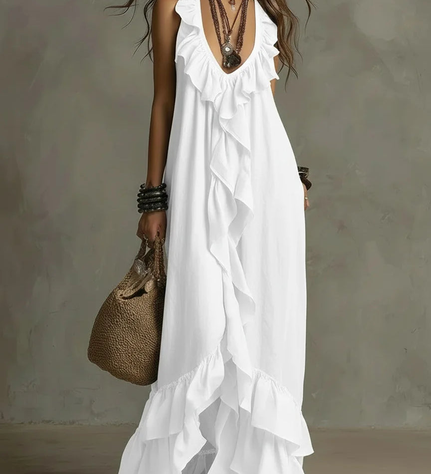 Vestido Casual Solto de Verão e Primavera, Cor Sólida, Elegante, Estilo Boêmio, Com Babados, Cintura Solta, Sem Mangas, Decote em V, Vestidos Longos