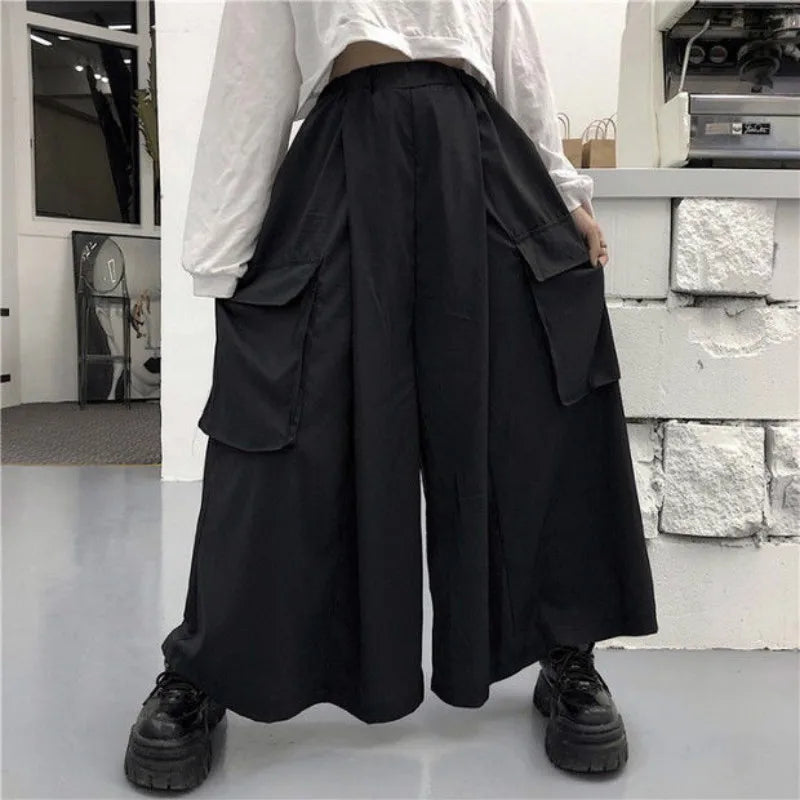 Calça casual solta feminina cargo, casal de roupas de harajuku, estilo japonês de bolsos, primavera, outono, bf, de comprimento total, preta, elástica