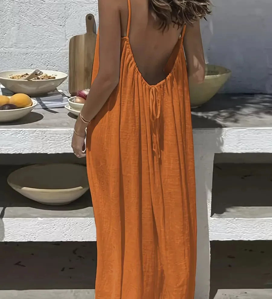Vestido Casual Maxi 2026 Feminino Vestidos Estilo Simples Roupa de Casa Confortável Solto Cor Sólida Alça Costas Descobertas