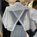 Blazers femininos design de fenda traseira à prova de sol transparente casual ins moda coreana verão outerwear recortado na moda harajuku chique