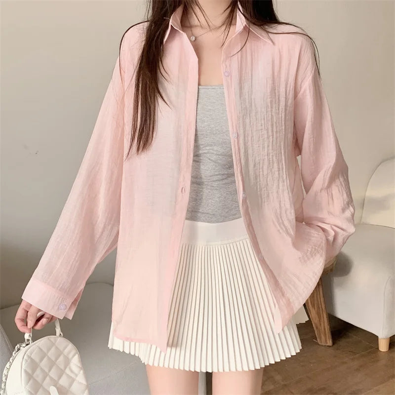 Blusas de Chiffon Leves e Soltas com Manga Longa e Botões para Mulheres, Camisas Casuais de Verão