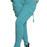 Calça de carga longa feminina, sexy slim fit, cordão casual, bolso com botões de emenda, calça reta, renda para cima, cintura elástica alta