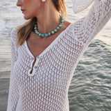 Vestido curto casual de férias, malha vazada de manga comprida para praia, estilo liso justo, moda primavera e outono