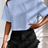 Camiseta Cropped Feminina de Malha Canelada Oversized com Ombro Caído e Manga Curta, Cor Sólida, Casual, Streetwear, para Festas de Verão e Uso Diário