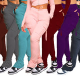 Calça de carga longa feminina, sexy slim fit, cordão casual, bolso com botões de emenda, calça reta, renda para cima, cintura elástica alta