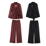 Conjuntos de blazer e calça comprida femininos ou blazer chique com cadarço para primavera ou calça casual de perna larga para mulheres.