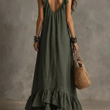 Vestido Casual Solto de Verão e Primavera, Cor Sólida, Elegante, Estilo Boêmio, Com Babados, Cintura Solta, Sem Mangas, Decote em V, Vestidos Longos