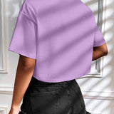 Camiseta Cropped Feminina de Malha Canelada Oversized com Ombro Caído e Manga Curta, Cor Sólida, Casual, Streetwear, para Festas de Verão e Uso Diário