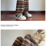 Calças de perna larga das mulheres dos homens outono inverno moda casual calças retas soltas esfregar calças harajuku vintage listrado preto/café