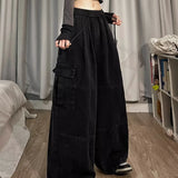 Calça japonesa de perna larga cargo, de cintura alta, solta, fina, reta, monocromática, feminina, de rua, básico, casual
