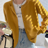 Cardigans e Suéteres Femininos 2026: Moda Coreana Casual, Quente, Primavera/Verão, Gola O, Manga Longa, Abotoamento Simples, Ajuste Slim, Tricôs e Blusas