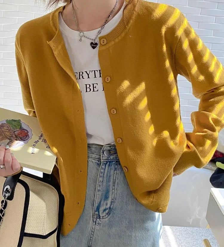 Cardigans e Suéteres Femininos 2026: Moda Coreana Casual, Quente, Primavera/Verão, Gola O, Manga Longa, Abotoamento Simples, Ajuste Slim, Tricôs e Blusas