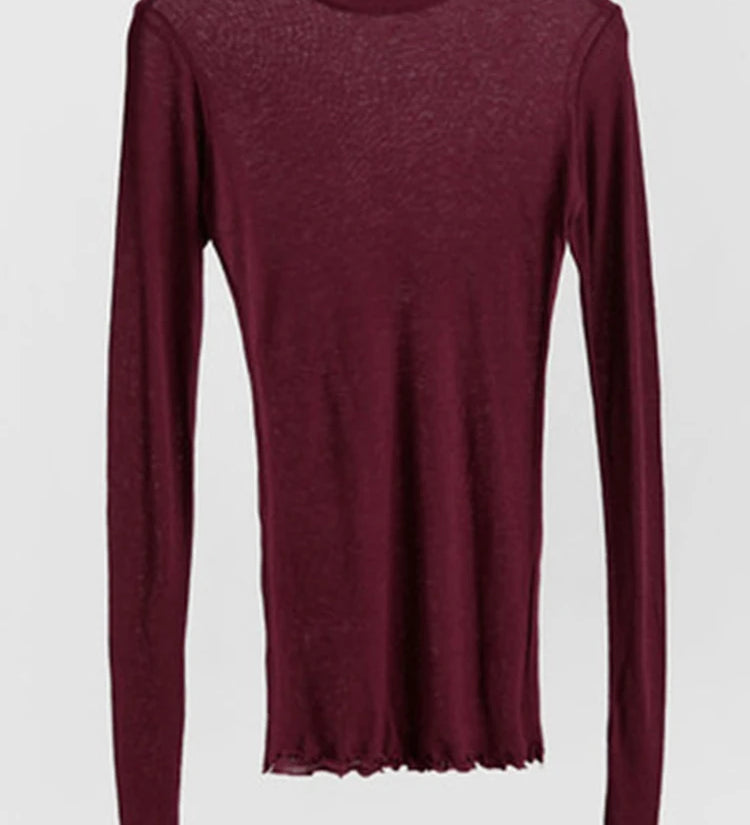 Alta qualidade simples t camisa feminina elástica básica camisetas femininas casuais topos de manga longa sexy fina camiseta ver através
