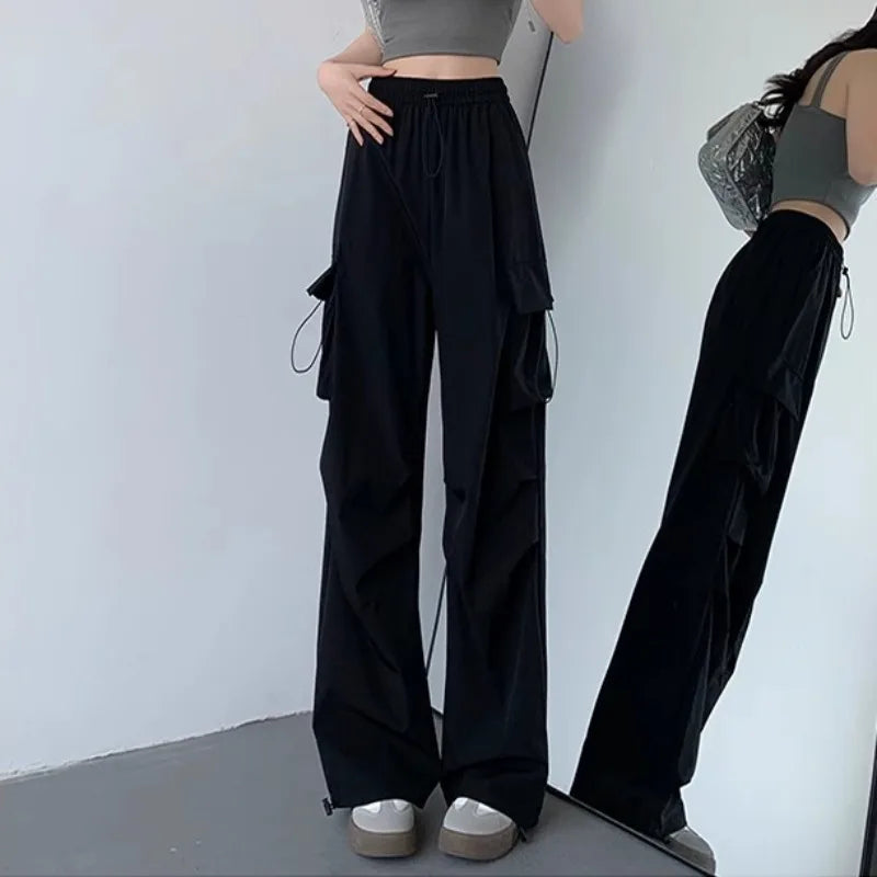 Calça de carga feminina calças de perna larga verão outono moda feminina cintura alta streetwear solto calças casuais calças retas