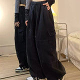 Calça japonesa de perna larga cargo, de cintura alta, solta, fina, reta, monocromática, feminina, de rua, básico, casual