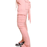 Calça de carga longa feminina, sexy slim fit, cordão casual, bolso com botões de emenda, calça reta, renda para cima, cintura elástica alta
