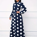 Elegante vestido longo com nó arco para mulheres, veste feminina, bolinhas para senhora, vestidos maxi casuais, manga